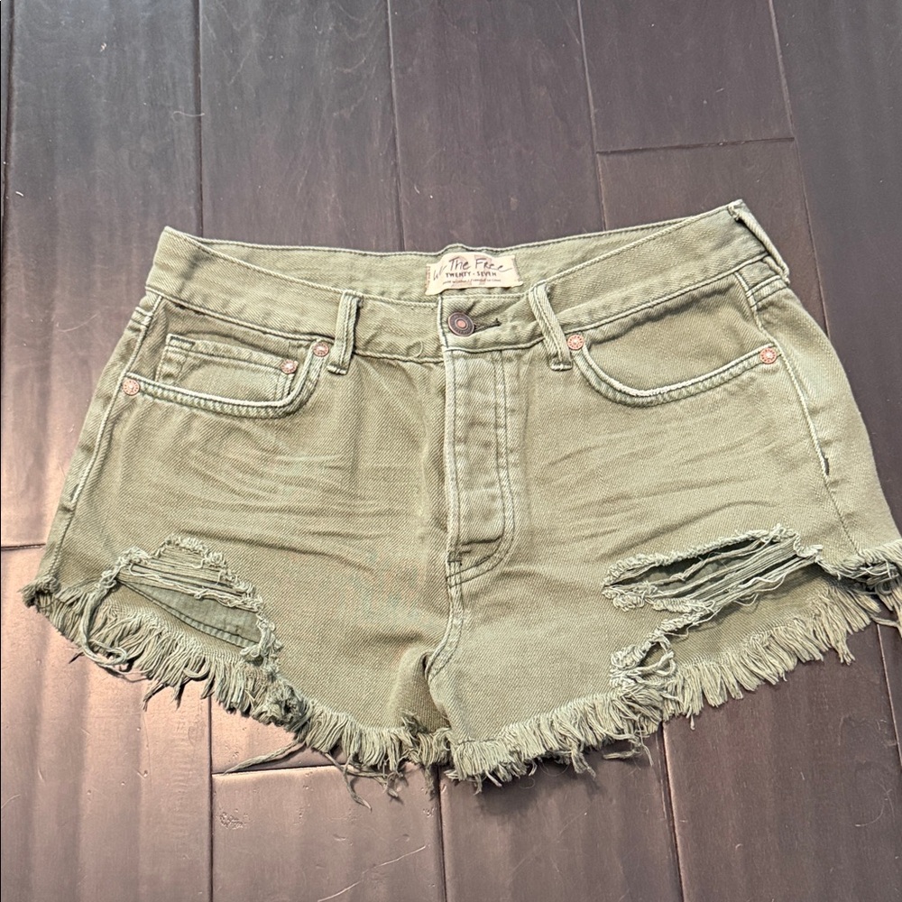 Free People We the Free Sage Green Frayed Jean Shorts